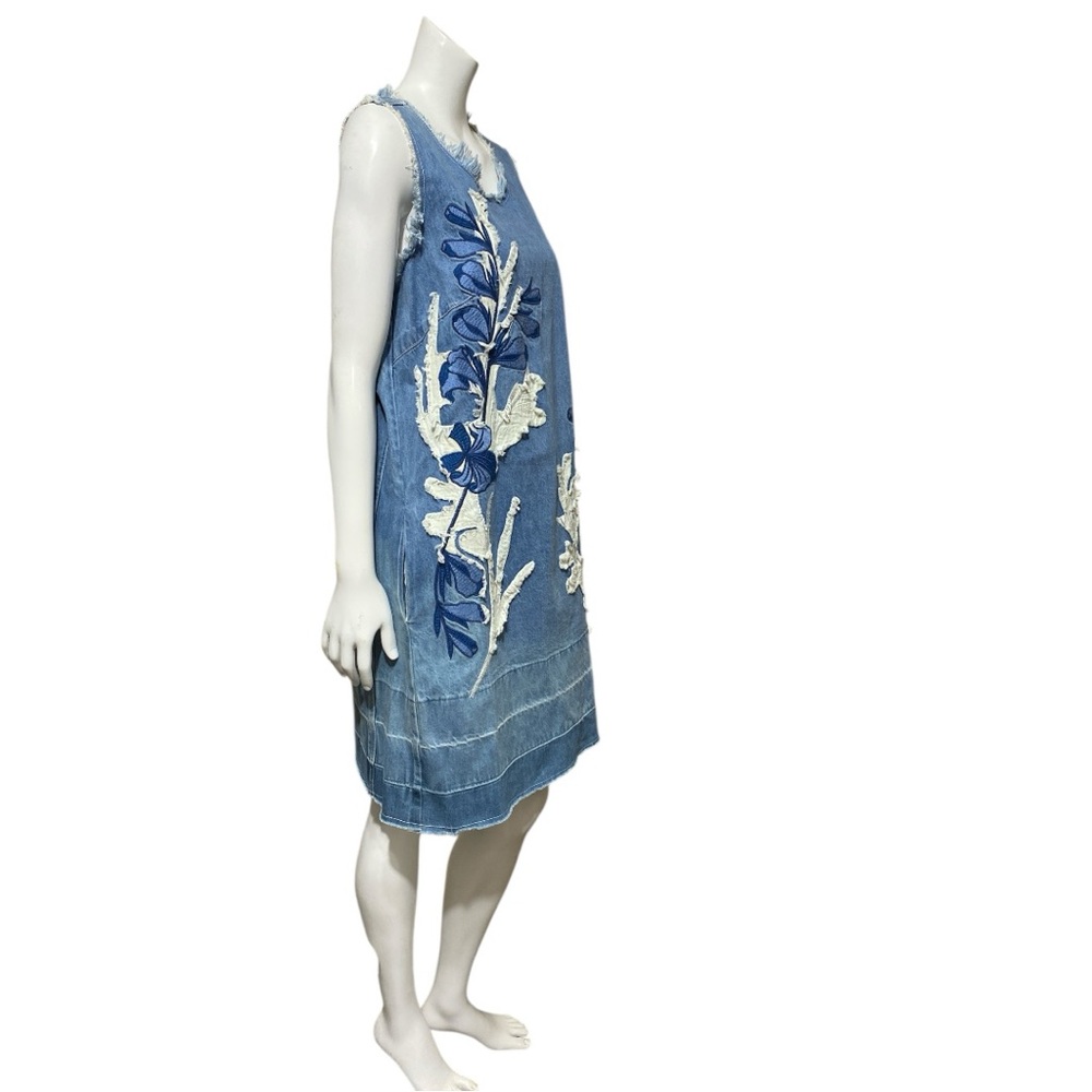 Anthropologie Dor Dor Couture Denim Dress Floral Applique Fray Sleeveless XLarge - Picture 8 of 16